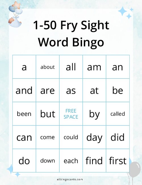 1-50 Fry Sight Word Bingo