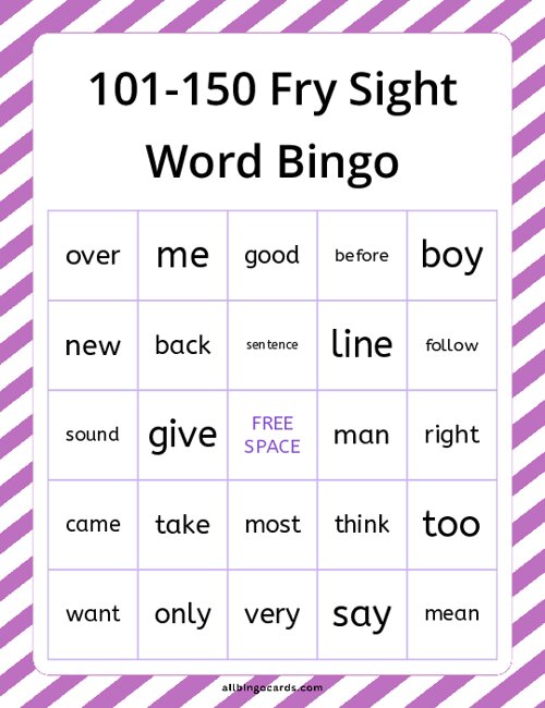 101-150 Fry Sight Word Bingo