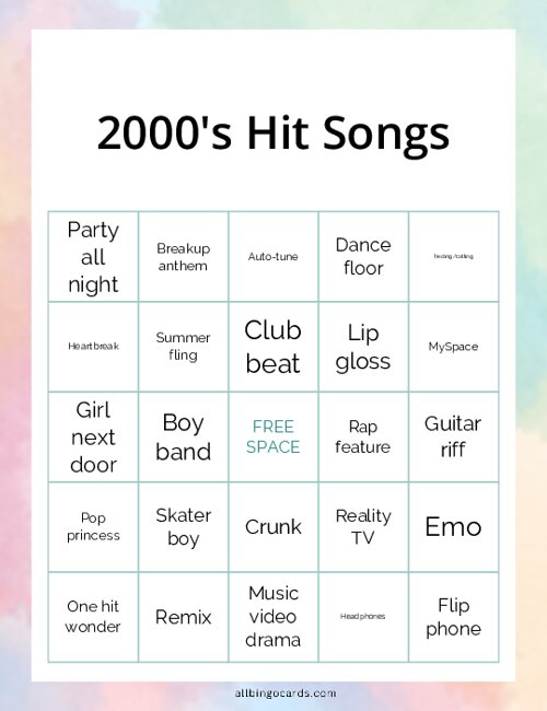 2000s Hit Songs Bingo