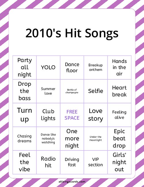 2010s Hit Songs Bingo