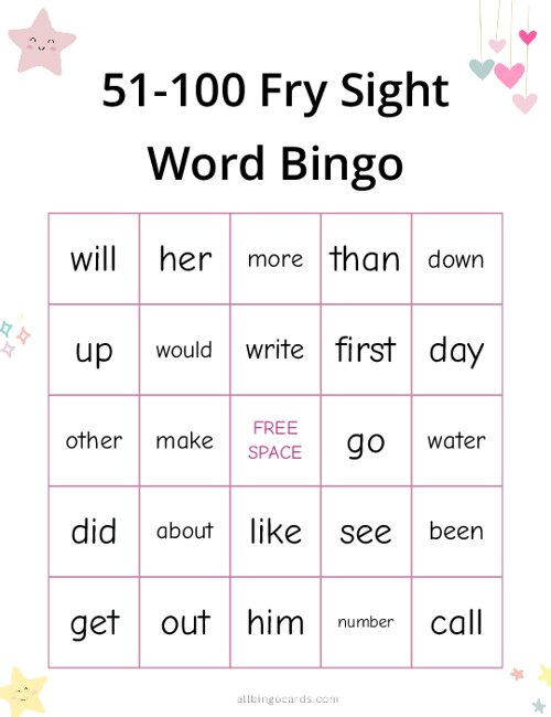 51-100 Fry Sight Word Bingo