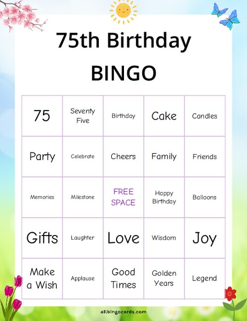 75th Birthday Bingo Game