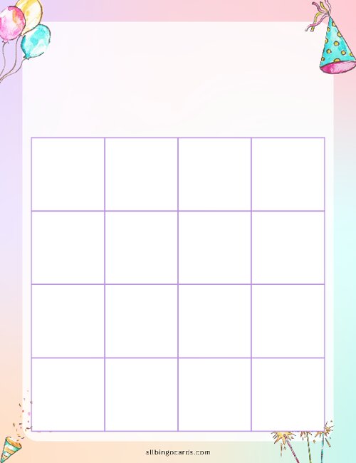 4x4 Blank Birthday Bingo