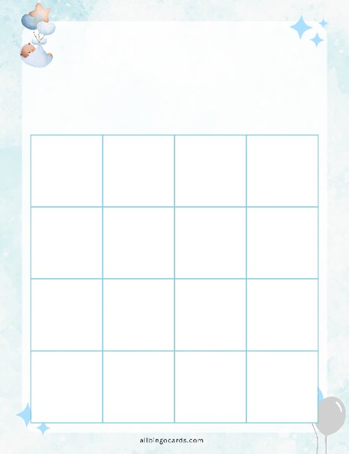 4x4 Blank Blue Baby Shower Bingo