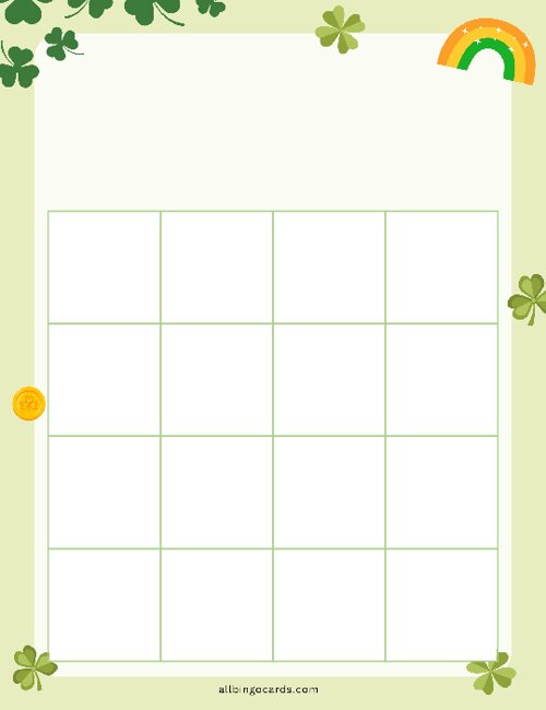 4x4 Blank Green Clovers Bingo