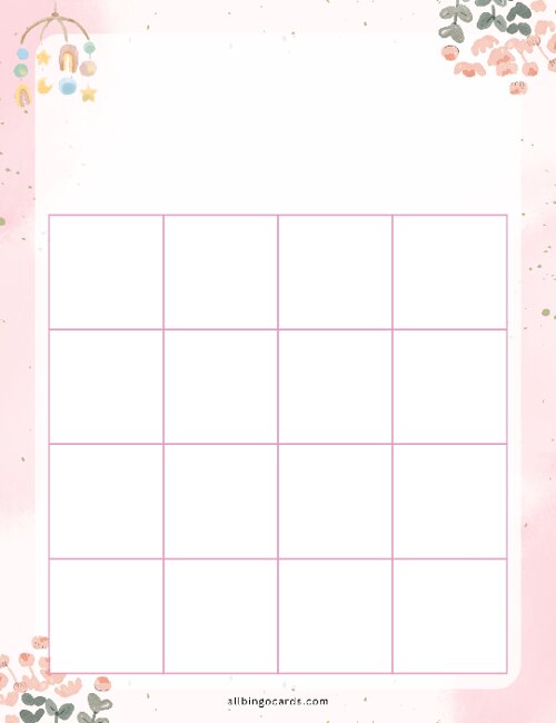 4x4 Blank Pink Baby Shower Bingo