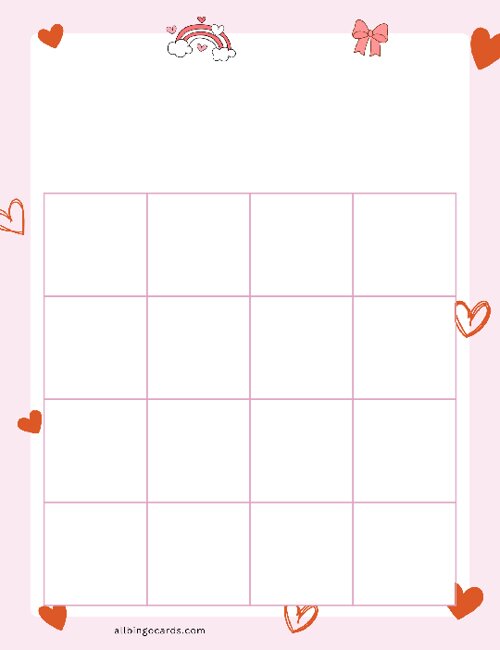 4x4 Blank Valentine Bingo