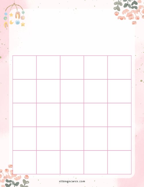 5x5 Blank Pink Baby Shower Bingo