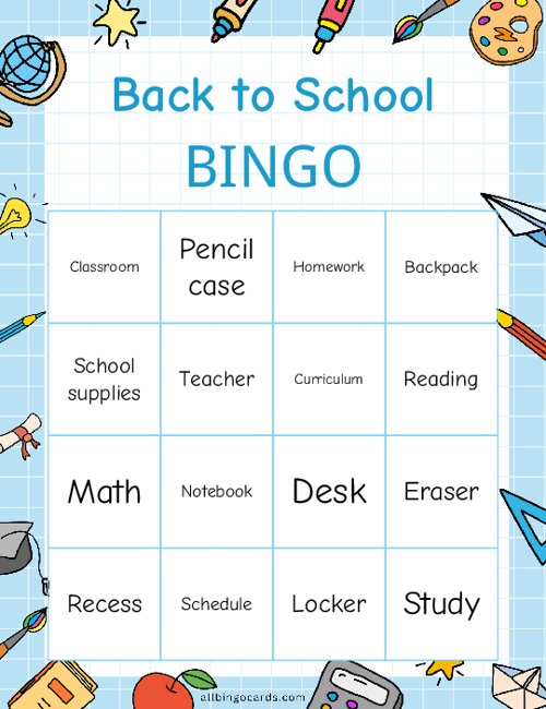 Back to School Bingo