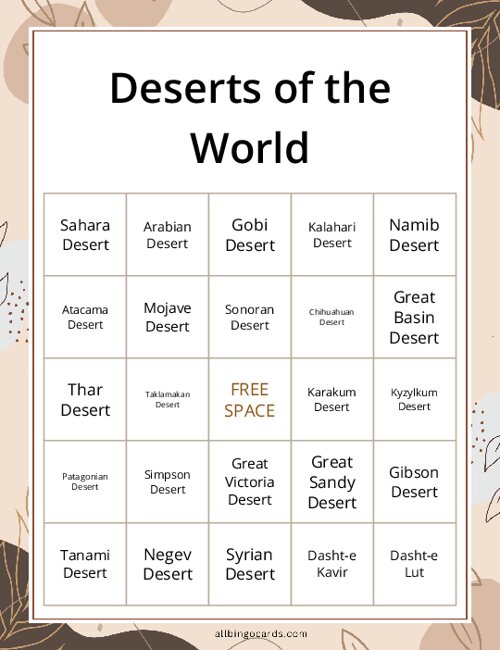 Deserts of the World Bingo