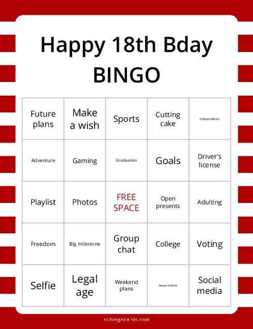 Happy 18th Birthday Bingo Printable
