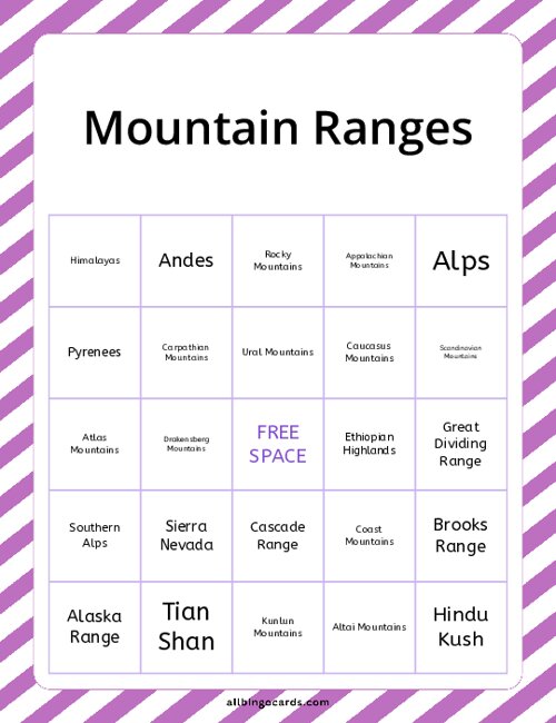 Mountain Ranges Bingo