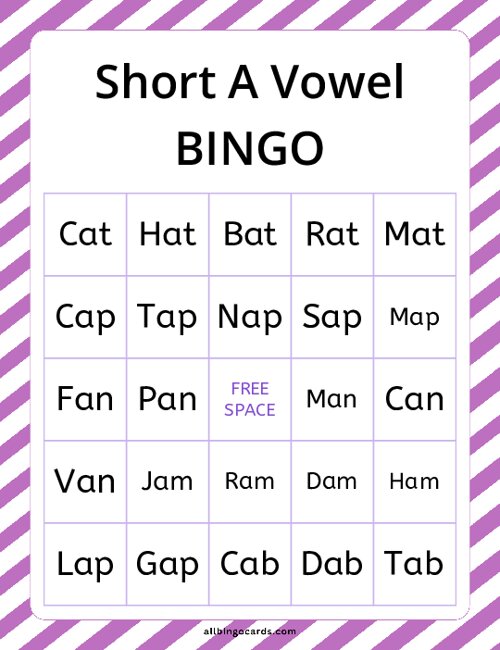 Short Vowel A Bingo