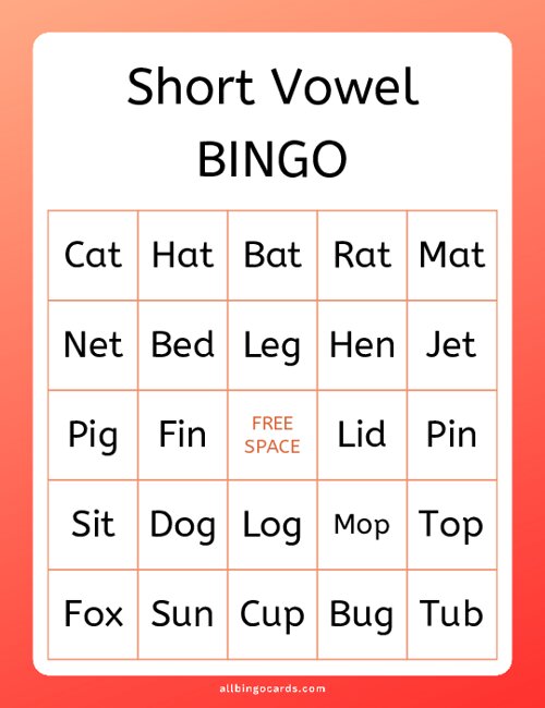 Short Vowel Bingo