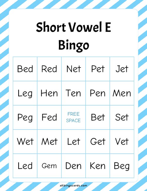 Short Vowel E Bingo