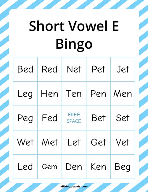 Short Vowel E Bingo