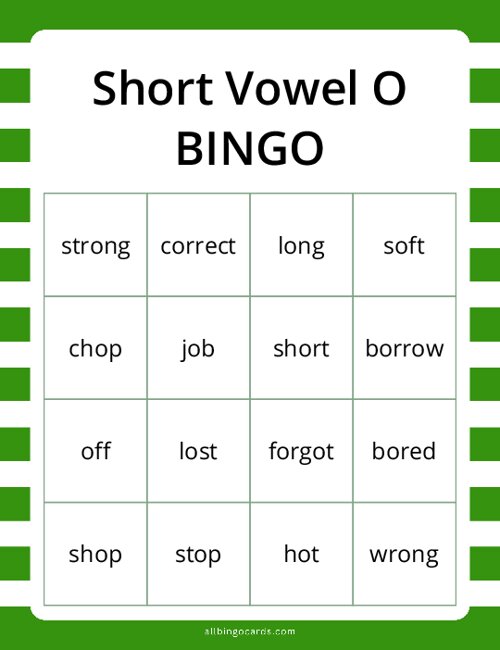 Short Vowel O Bingo