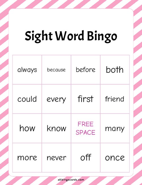 Grade 2 Sight Word Bingo