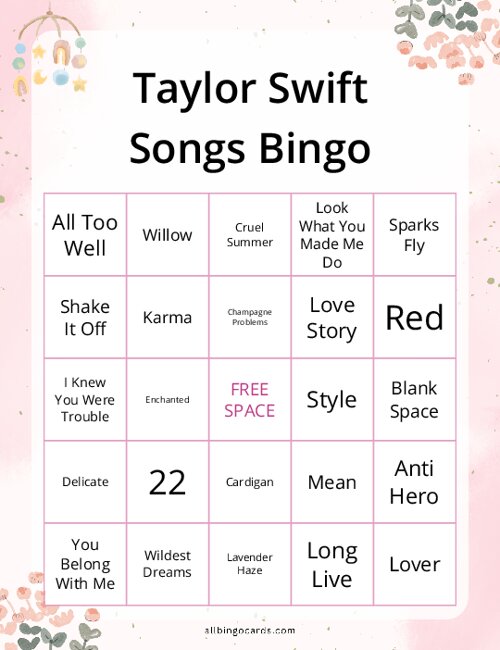 Taylor Swift Songs Bingo