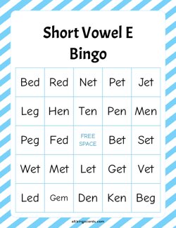 Short Vowel E Bingo