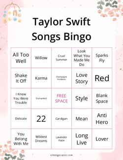 Taylor Swift Songs Bingo