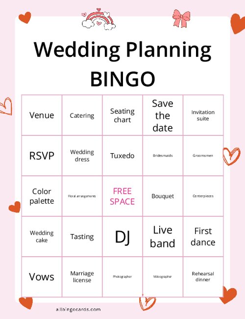 Wedding Planning Bingo