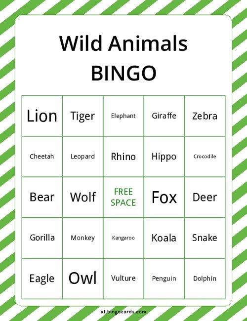 Wild Animals Bingo