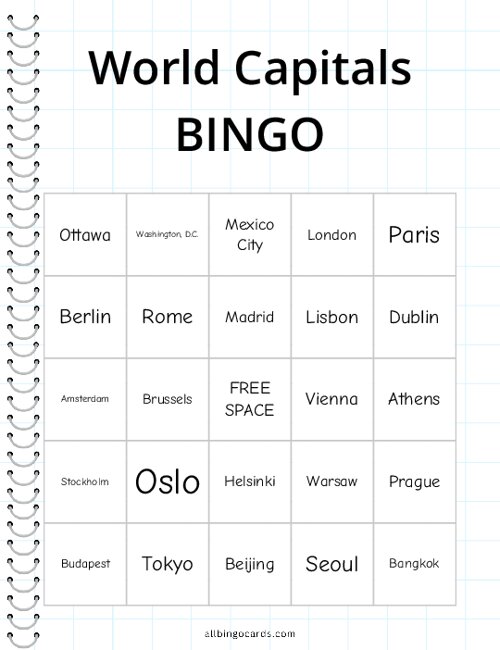 World Capitals Bingo