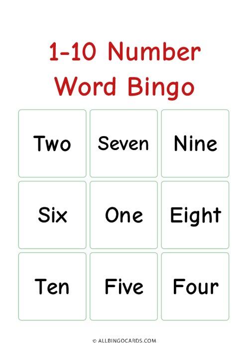 1-10 Number Word Bingo