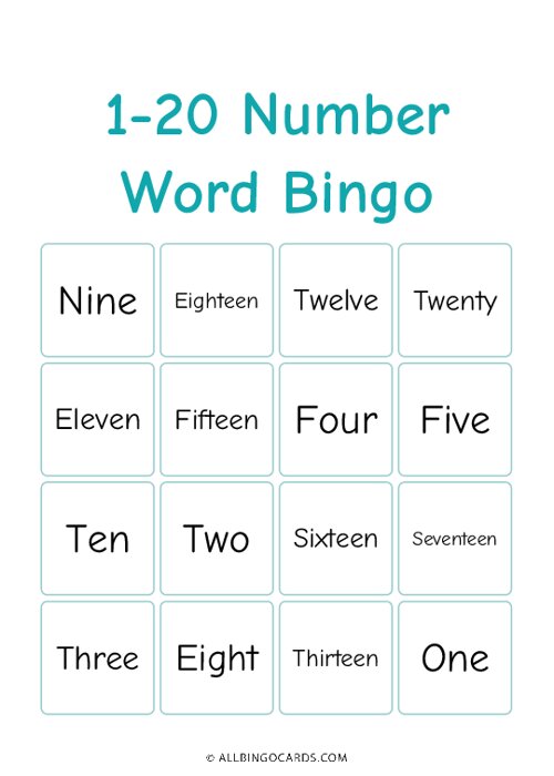 1-20 Number Word Bingo