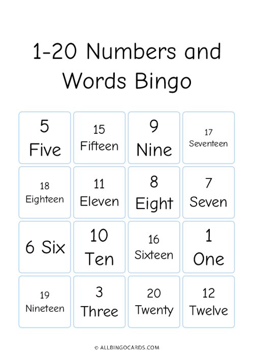 1-20 Numbers and Words Bingo