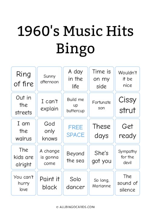 1960s Music Hits Bingo