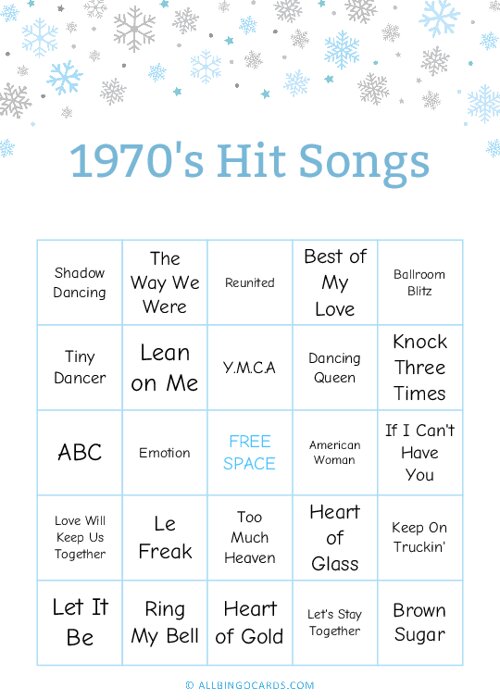 1970s Hit Songs Bingo