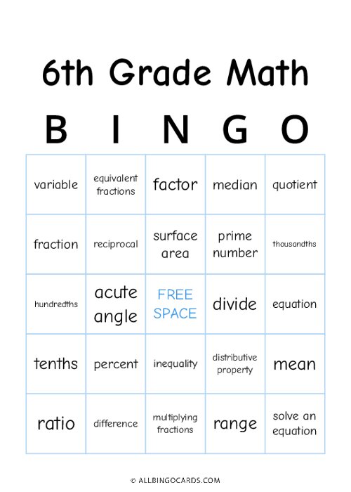 6th Grade Math Bingo