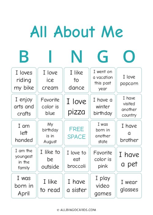 All About Me Bingo