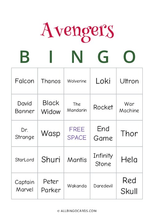 Avengers Bingo
