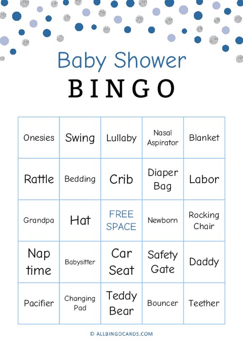Navy Blue Silver Baby Shower Bingo