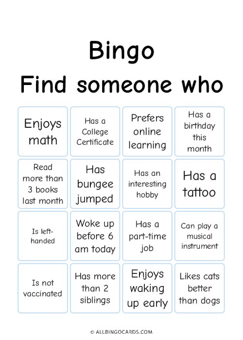 Bingo Find someone who
