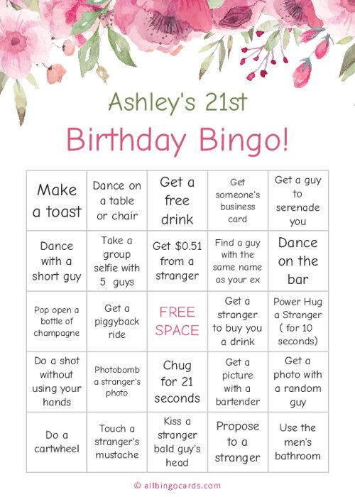 Ashleys 21st Birthday Bingo