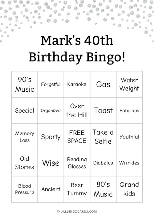 Mark's 40th Birthday Bingo Cards Printable