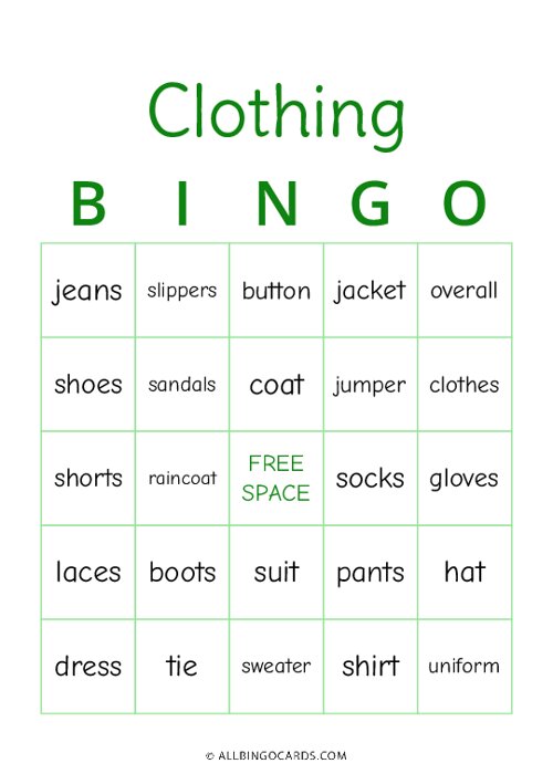Clothing Bingo