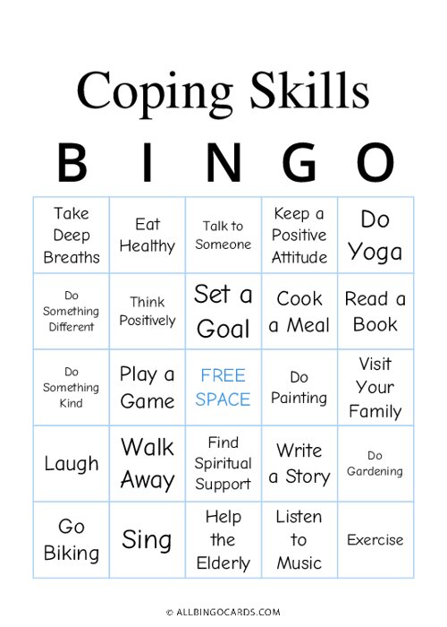 Coping Skills Bingo Printable Stress Management Bingo