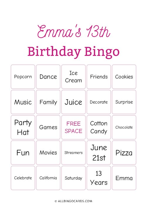 Emmas 13th Birthday Bingo