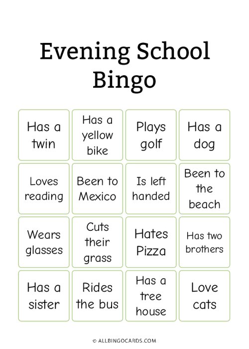 Evening School Bingo