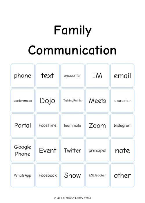 Family Communication Bingo