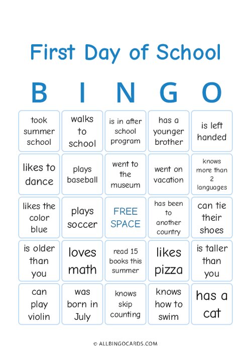 First Day of School Bingo