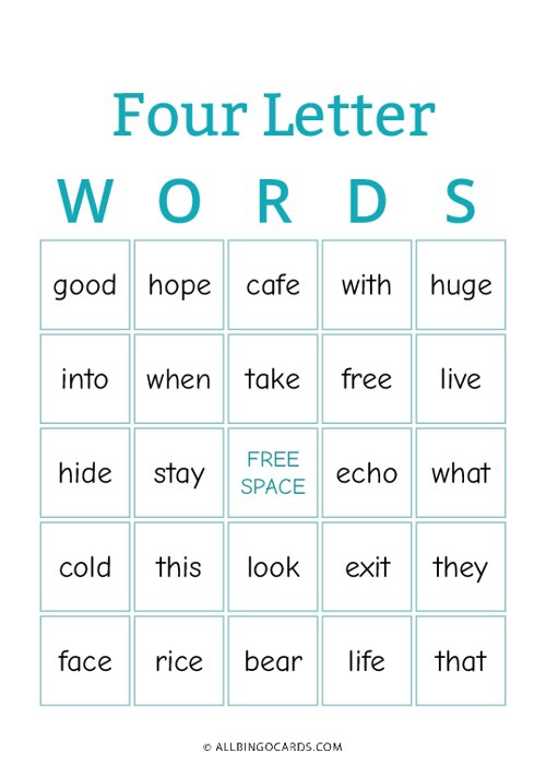 Four Letter Words Bingo