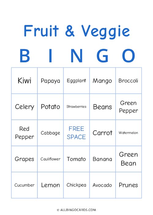 Fruit and Veggie Bingo