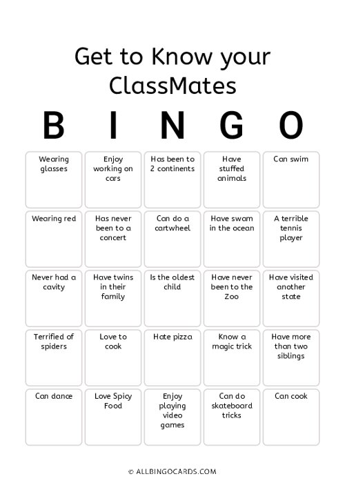 Get to Know your ClassMates Bingo