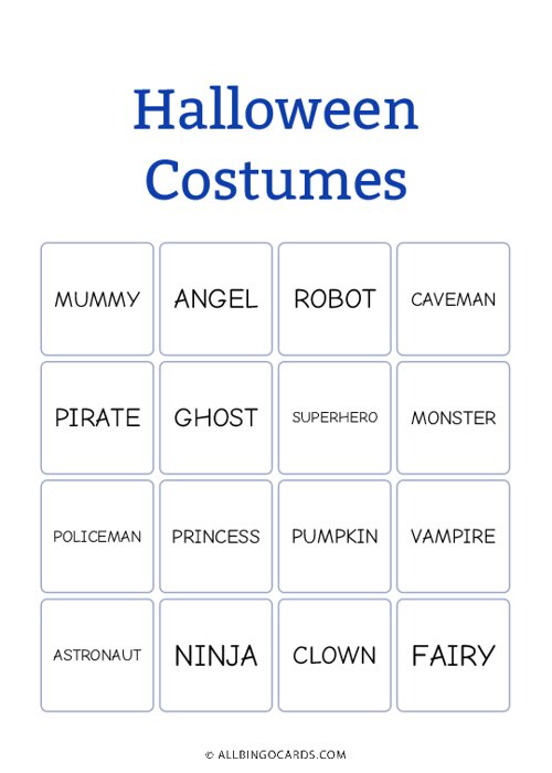 Halloween Costumes Bingo